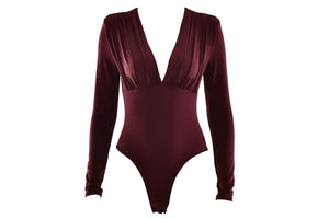 Burgundy Deep‑V long‑sleeve ruched bodysuit for women