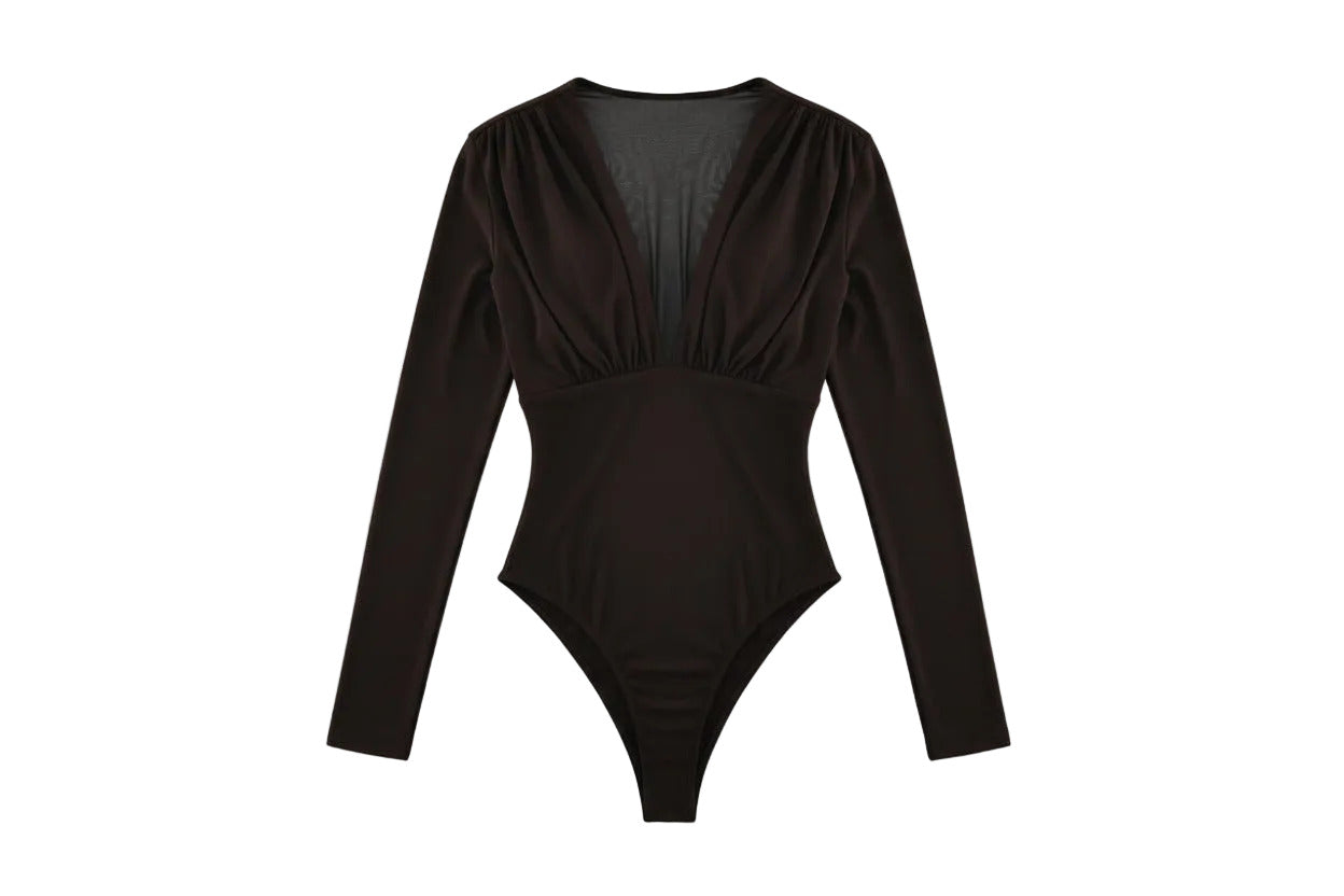 Deep‑V long‑sleeve ruched bodysuit for women