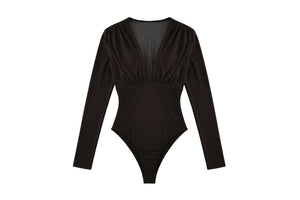 Deep‑V long‑sleeve ruched bodysuit for women