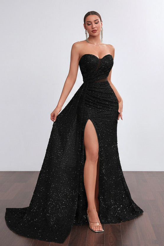 Black Formal sequin evening dress with ruched waist”