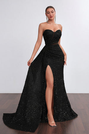 Black Formal sequin evening dress with ruched waist”