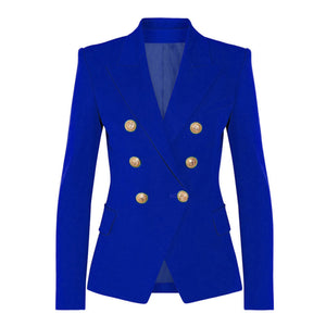 Blue Solid‑color structured blazer with metal lion detail
