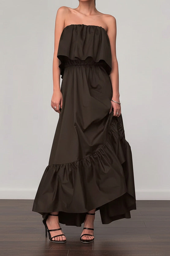 Ruffled strapless cotton maxi dress with slim bodice