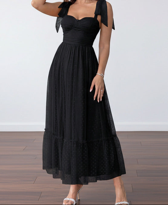 Women’s mesh maxi dress with spaghetti straps and lace‑up shoulder detail