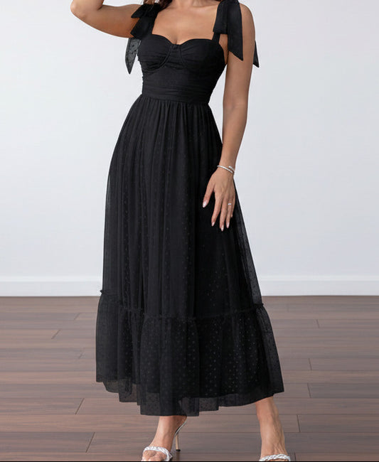 Women’s mesh maxi dress with spaghetti straps and lace‑up shoulder detail