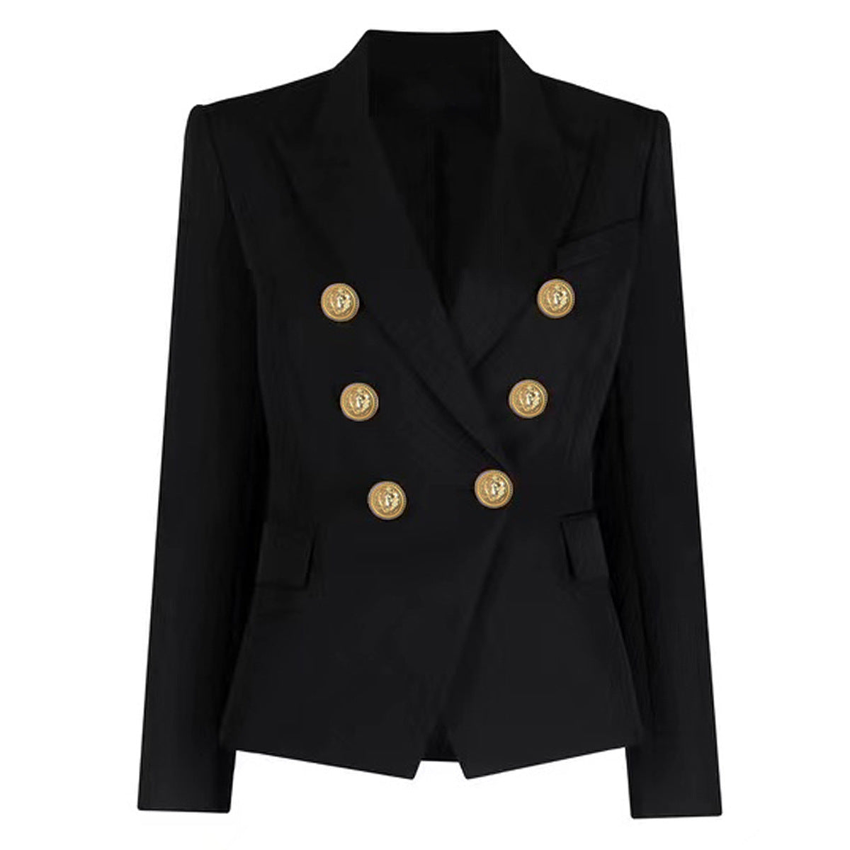 Black Solid‑color structured blazer with metal lion detail