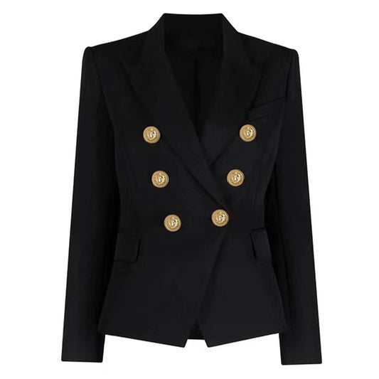 Black Solid‑color structured blazer with metal lion detail