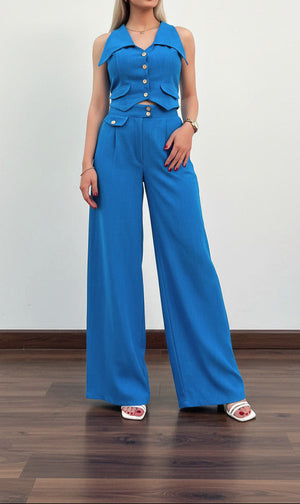 Blue High‑rise wide‑leg pants with matching sleeveless collared vest