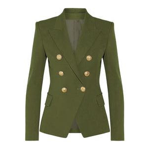 Army Green Solid‑color structured blazer with metal lion detail