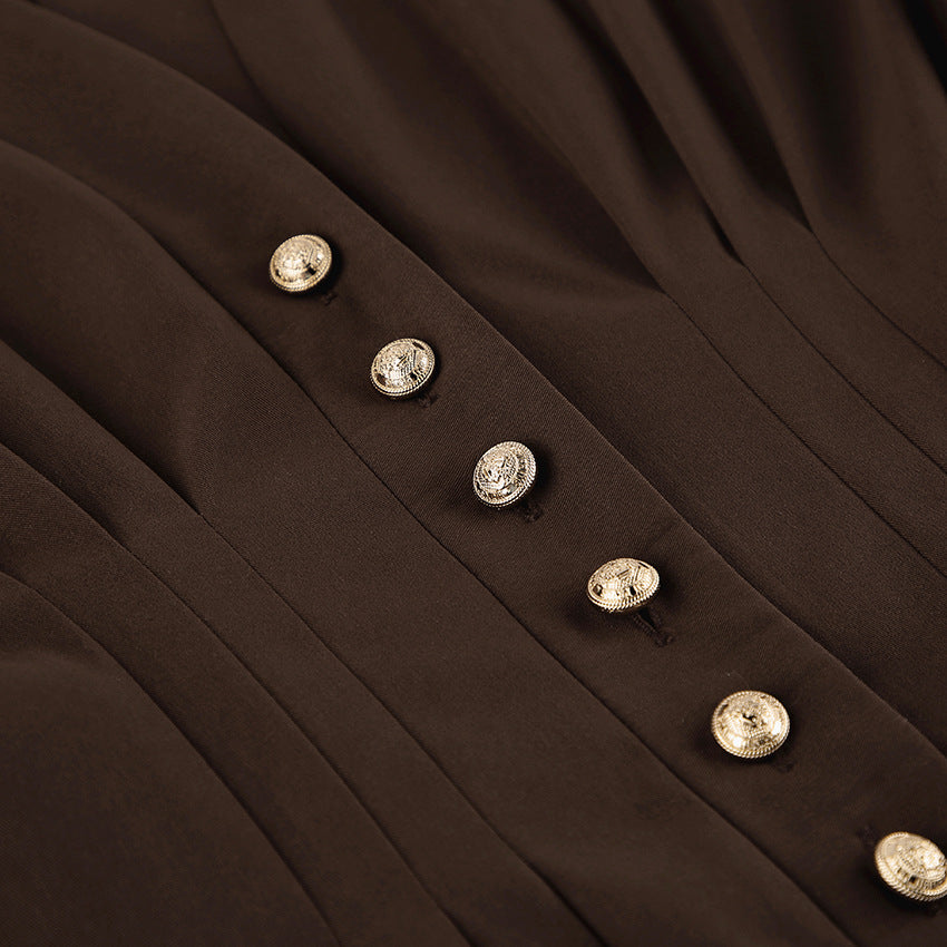 buttons on Slim‑fit ruched waist blouse for spring and fall