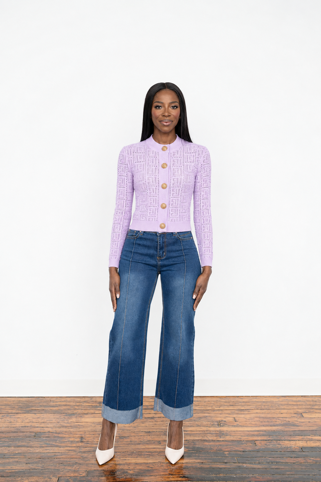Lilac openwork knit cardigan with gold buttons